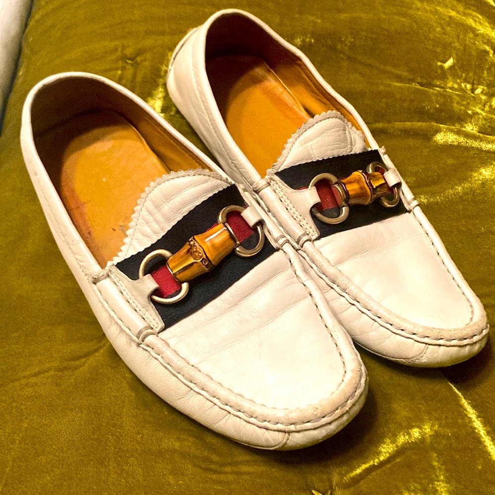 Gucci Bamboo Bit Loafers Womens US 7 White Leather Driving Mocs Slip On Shoes